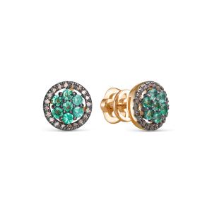 Серьги-пусеты с изумрудами, бриллиантами, из красного золота 144693