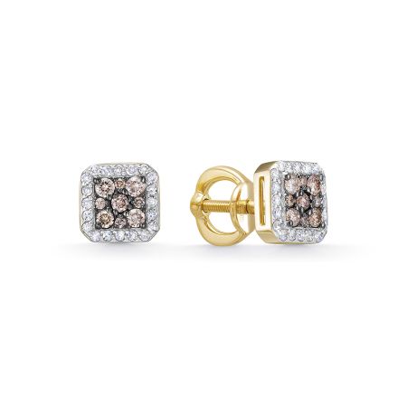 Серьги-пусеты с 18 коньячными бриллиантами и 40 бриллиантами из лимонного золота 141494