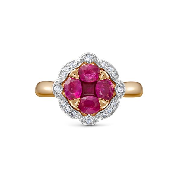 Кольцо с 5 рубинами и 16 бриллиантами из красного золота 121513